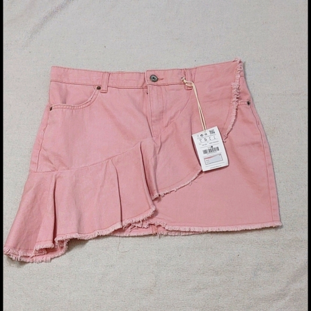 Pull&Bear Pink Denim Mini Skirt with Frill
